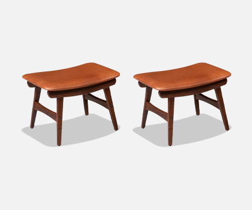 Danish Modern Teak & Cognac Leather Stools by Fredly Mobelfabrik