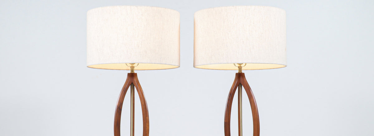 Mid-Century Modern Sculpted Walnut with Brass Accent Table Lamps