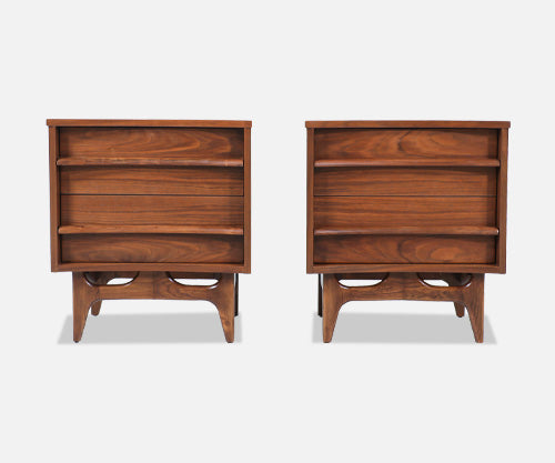 Mid-Century Modern Curved-Front Walnut Night Stands by United Furniture