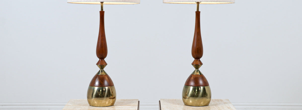 Tony Paul Sculpted Walnut & Brass Table Lamps for Westwood Industries 