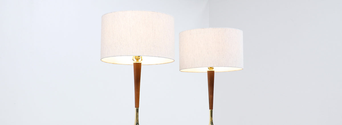 Mid-Century Modern Walnut & Brass Accent Table Lamps by Laurel 