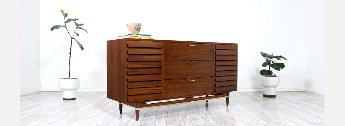 Merton Gershun Walnut Dresser with Brass Accents for American of Martinsville
