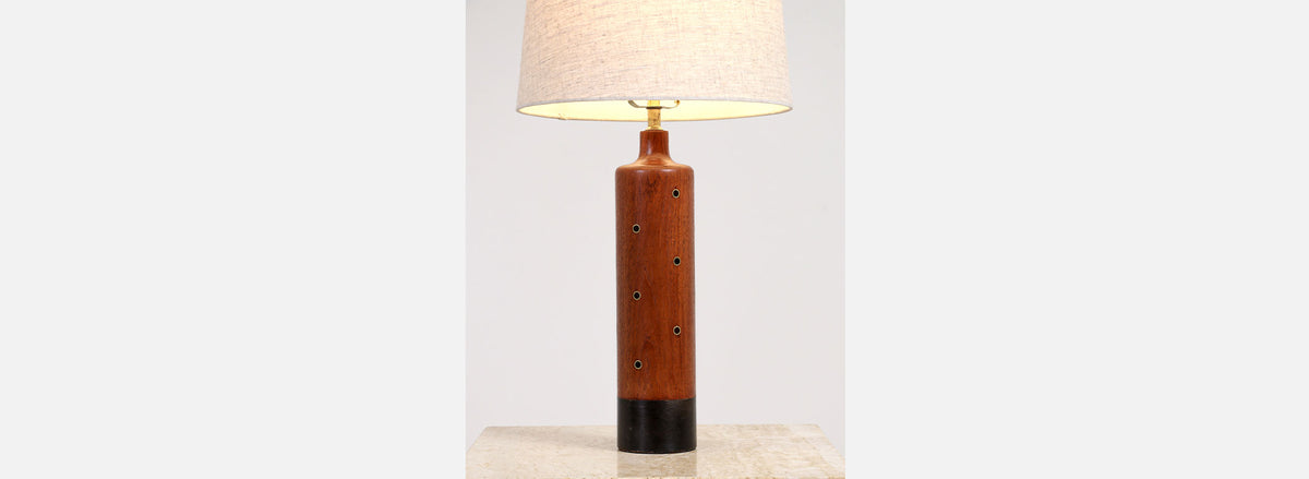 Danish Modern Teak & Leather Table Lamp with Brass Inlaid by H. Paaske
