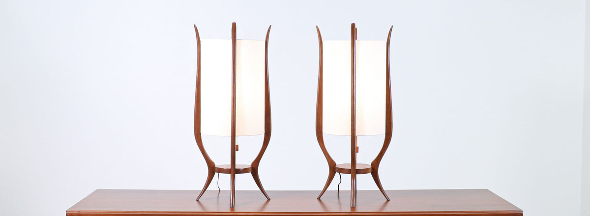 Pair of Mid-Century Modern Sculpted Walnut Table Lamps by Modeline