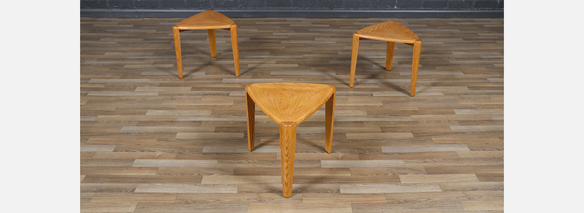 Mid-Century Modern Triangular Oak Tri-Leg Side Tables