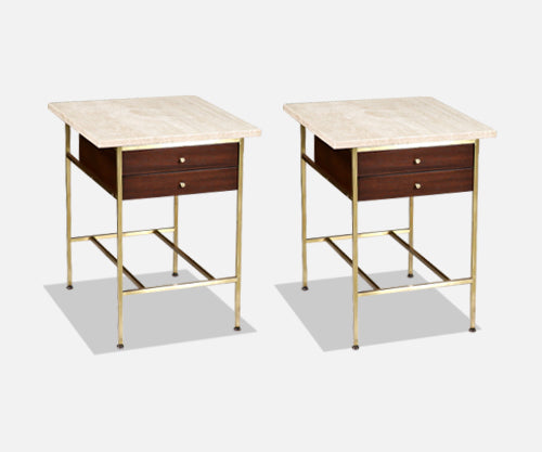 Paul McCobb "Irwin Collection" Travertine & Brass Night Stands for Calvin Furniture