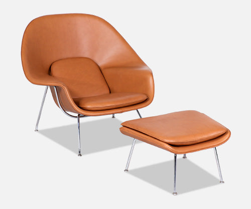 Vintage "Womb" Tan Leather Chair with Ottoman by Eero Saarinen for Knoll 