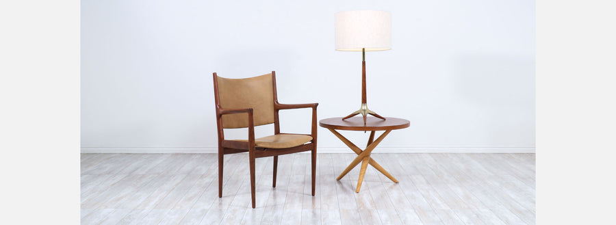 Mid-Century Sculpted Walnut & Brass Tripod Table Lamp by Modeline 