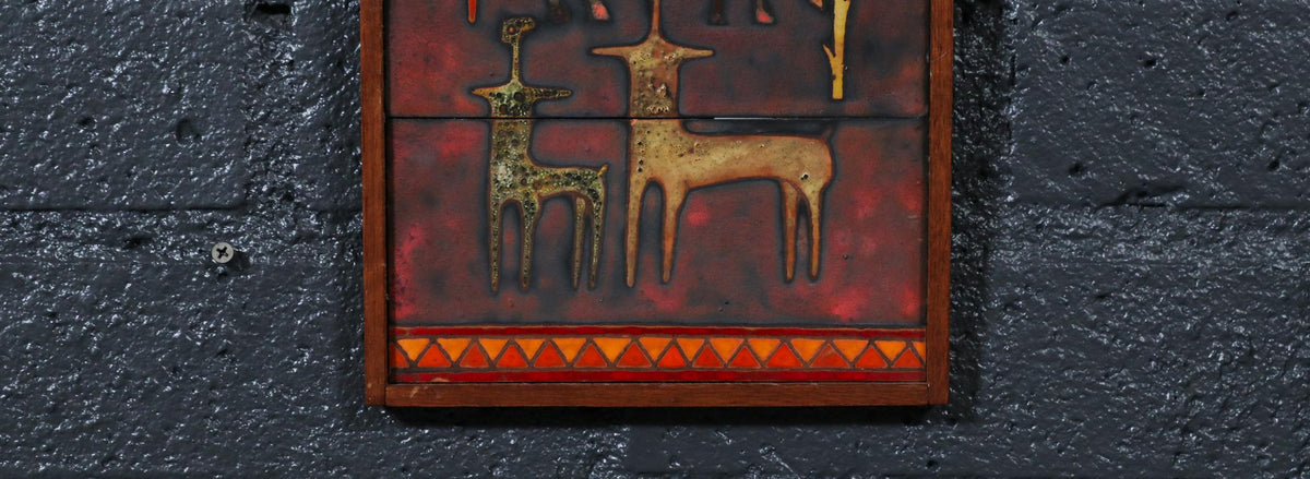 Mid-Century Studio Ceramic Plaque w/ Primitivist Animal & Hunting Motifs