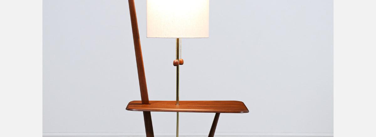 Mid-Century Modern Sculpted Walnut & Brass Floor Lamp with Accent Side Table