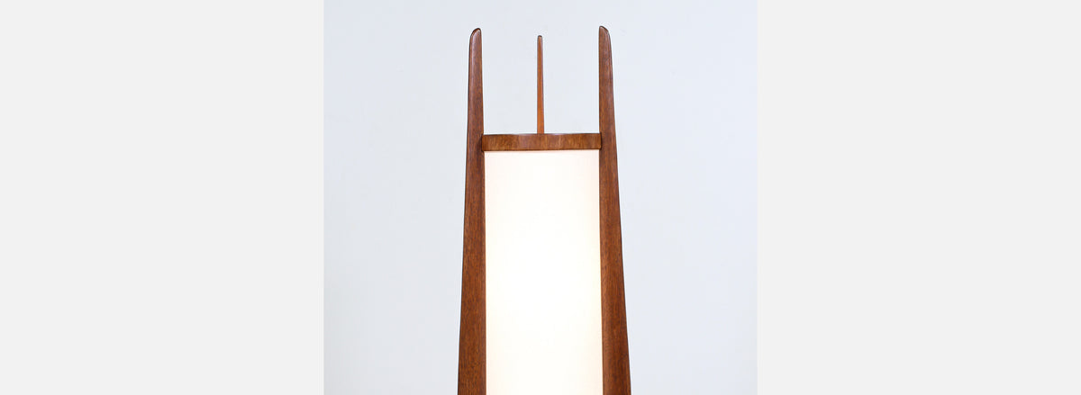 California Modern Sculpted Walnut Floor Lamp with New Linen Shade by Modeline