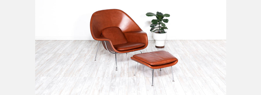 Vintage "Womb" Cognac Leather Chair with Ottoman by Eero Saarinen for Knoll