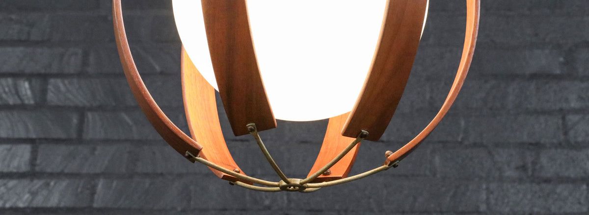 Mid-Century Modern Walnut & Brass Orb Pendant Chandelier 