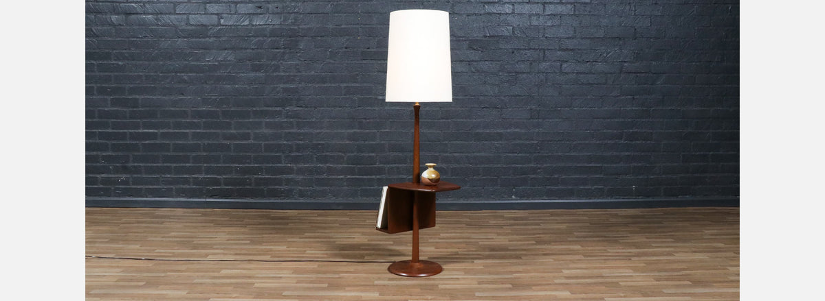 Laurel Walnut Floor Lamp w/ Magazine Holder & Tray Table