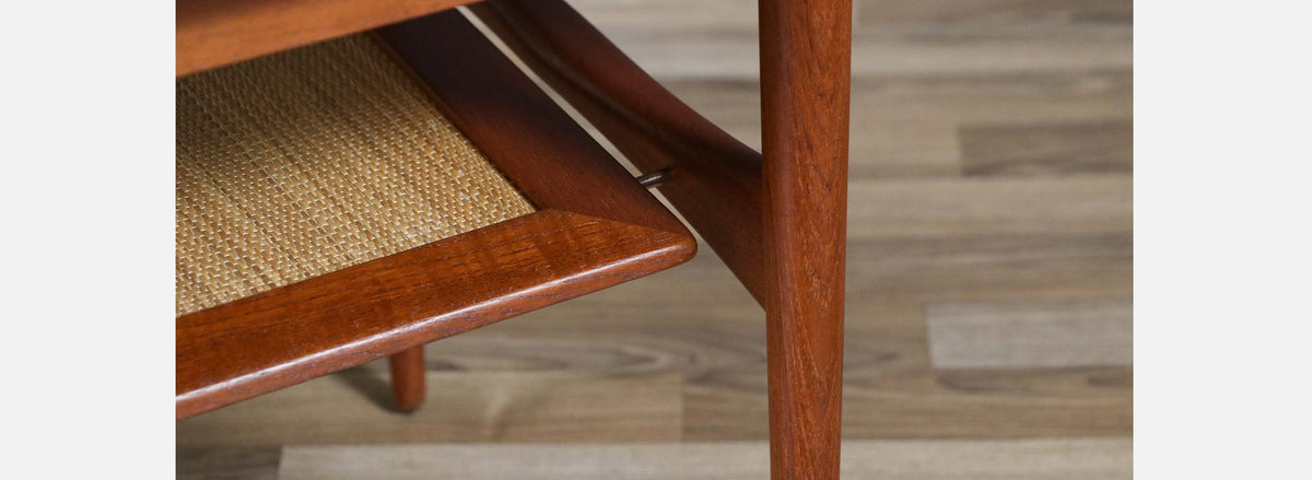 Danish Modern Teak Side Table w/ Magazine Cane Shelf by Moreddi