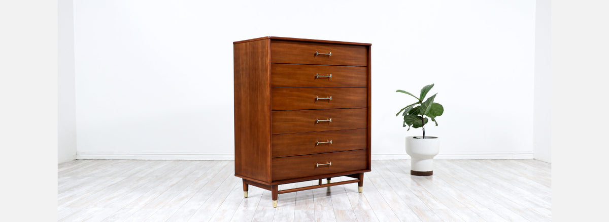 Milo Baughman Walnut Chest of Drawers with Brass Handles for Drexel