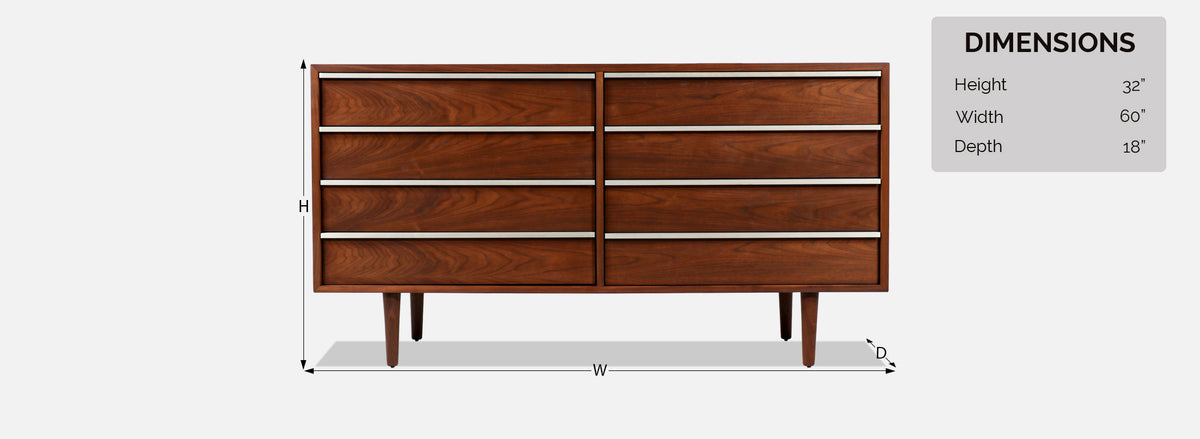 John Keal 8-Drawer Walnut Dresser with Brass Accents 