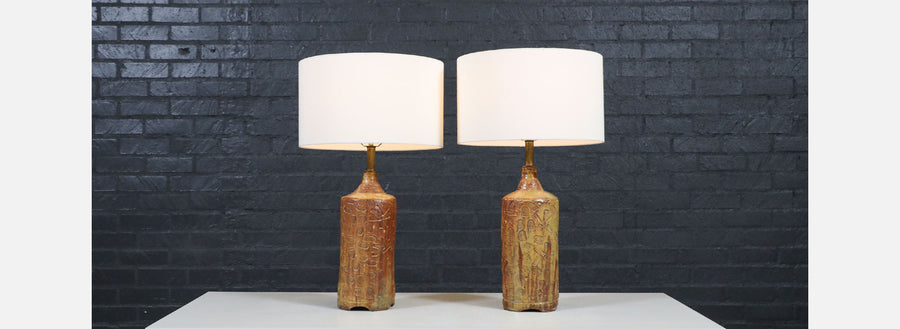 Mid-Century Earthy Glazed Table Lamps w/ Abstract Relief Design