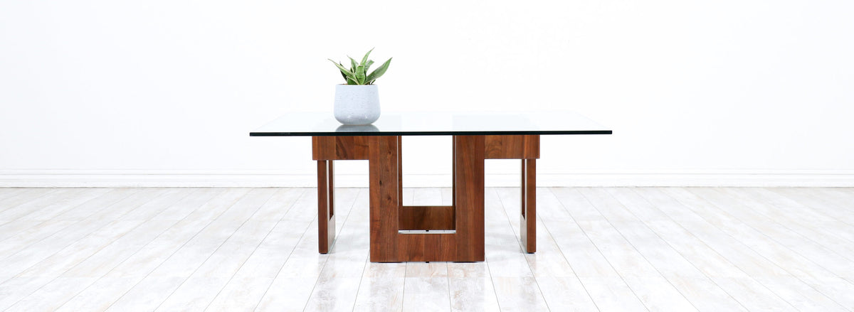 Mid-Century Modern Sculpted Geometric Walnut Coffee Table with Glass Top
