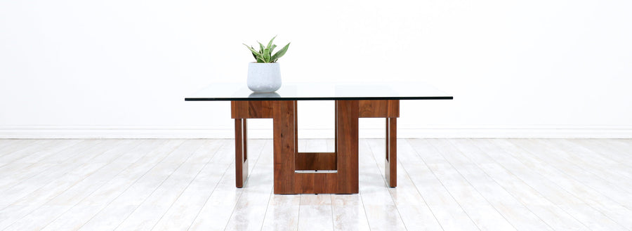 Mid-Century Modern Sculpted Geometric Walnut Coffee Table with Glass Top