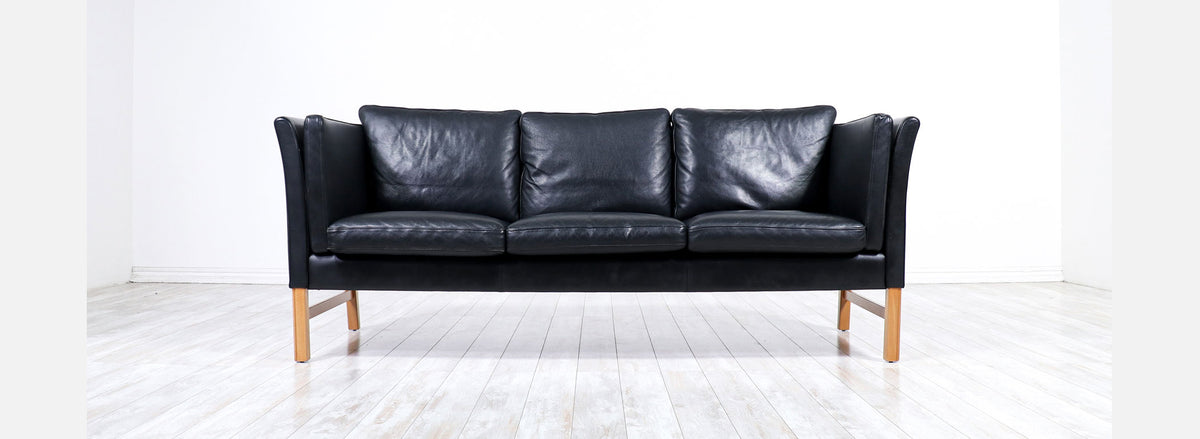 Danish Modern Black Leather 3-Seater Sofa by Svend Skipper