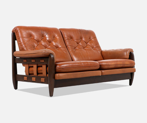 Jean Gillon Distress Cognac Leather Sofa for Italma Wood Art