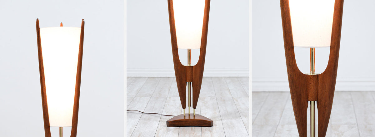 California Modern Sculpted Walnut & Brass Lamp with New Linen Shade for Modeline