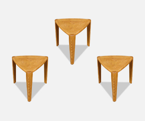 Mid-Century Modern Triangular Oak Tri-Leg Side Tables
