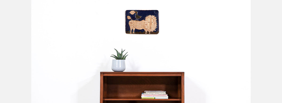 California Modern "Bird & Lion" Ceramic Plaque Art Work by Bertil Vallien