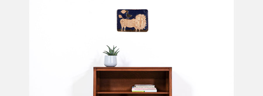 California Modern "Bird & Lion" Ceramic Plaque Art Work by Bertil Vallien