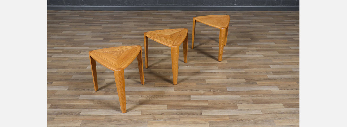 Mid-Century Modern Triangular Oak Tri-Leg Side Tables