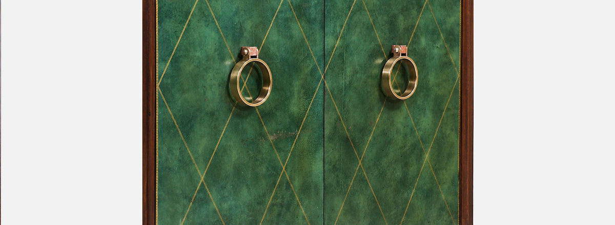 Tommi Parzinger Green Leather Front Cabinets With Brass Pulls for Charak Modern