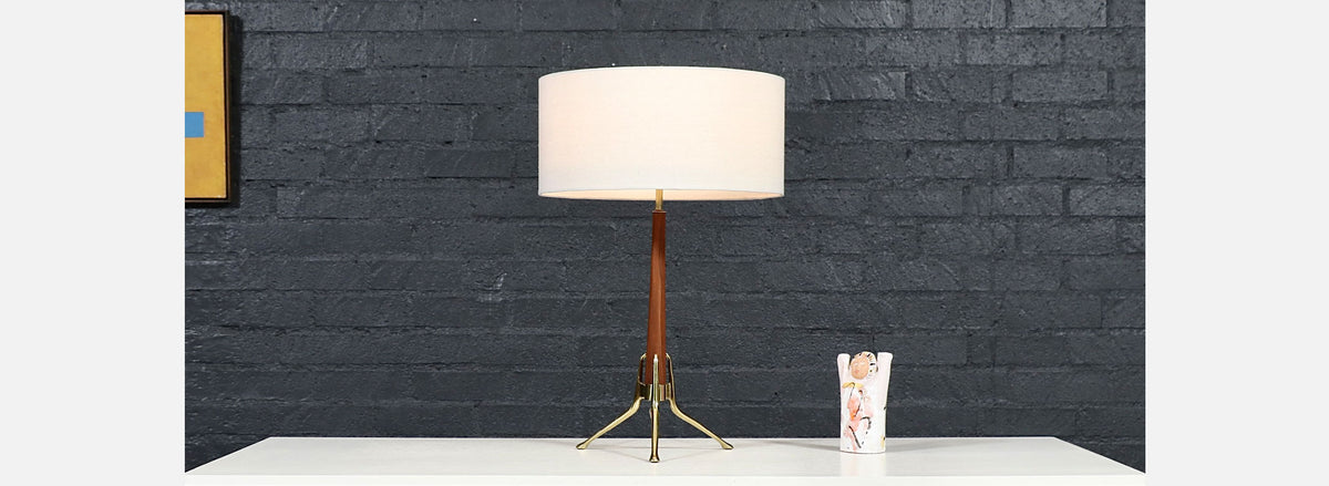 Gerald Thurston Sculpted Tripod Brass & Walnut Table Lamp for Lightolier 