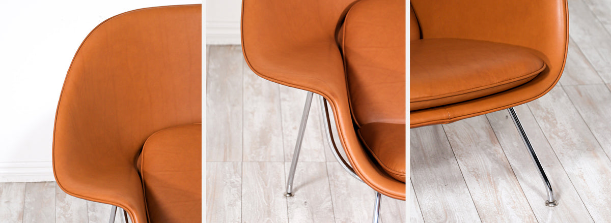 Vintage "Womb" Tan Leather Chair with Ottoman by Eero Saarinen for Knoll 