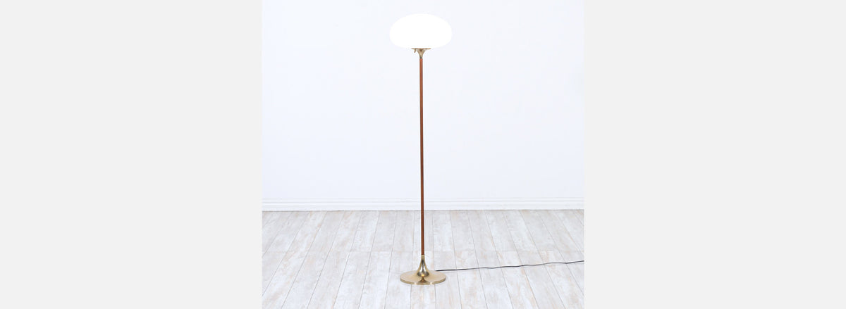Mid-Century Modern “Mushroom” Brass & Teak Stem Floor Lamp by Laurel