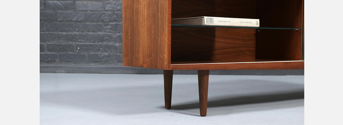 Mid Century Modern Low Walnut & Glass Bookcase Credenza