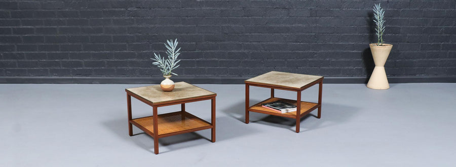 Paul McCobb Leather Top Side Tables w/ Cane Shelves for Calvin Furniture