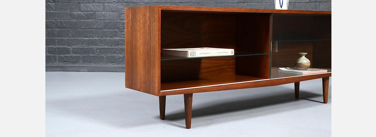 Mid Century Modern Low Walnut & Glass Bookcase Credenza