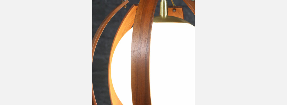 Mid-Century Modern Walnut & Brass Orb Pendant Chandelier 