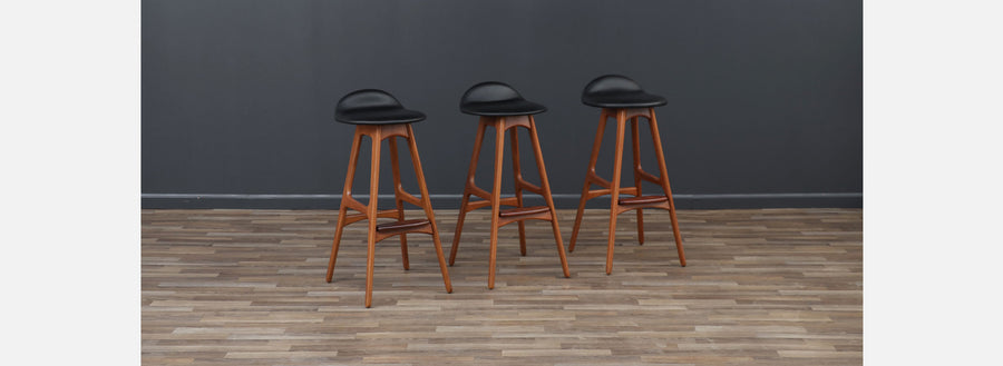 Danish Modern Teak & Black Leather Bar Stools by Erik Buch