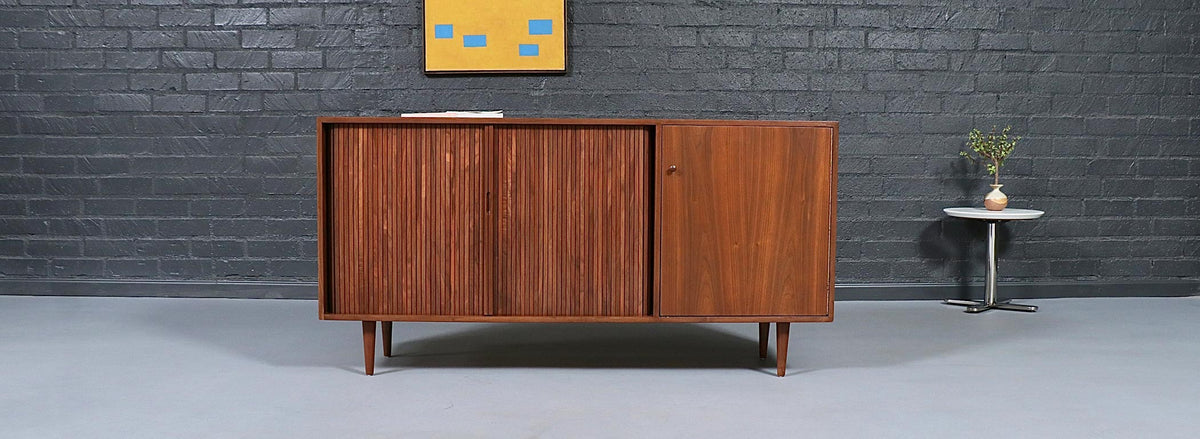 California Modernist Walnut Tambour-Door Credenza by Milo Baughman