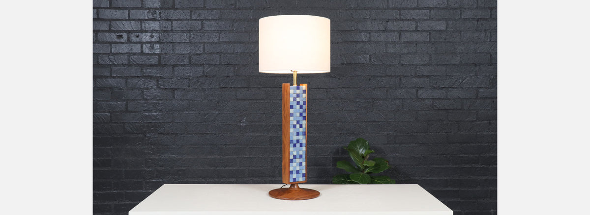 Mid-Century Modern Sculpted Walnut Table Lamp w/ Blue Mosaic Tiles