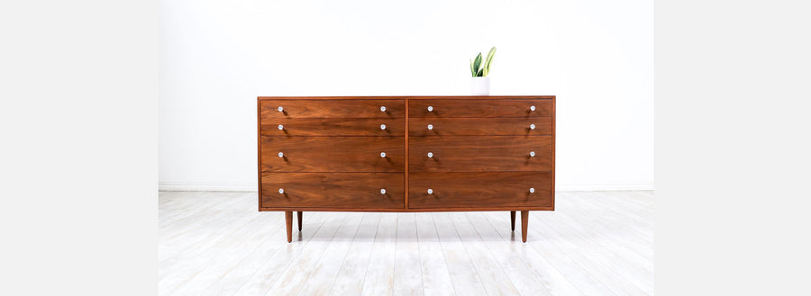 California Modern Walnut Dresser with Tulip Style Pulls by Milo Baughman