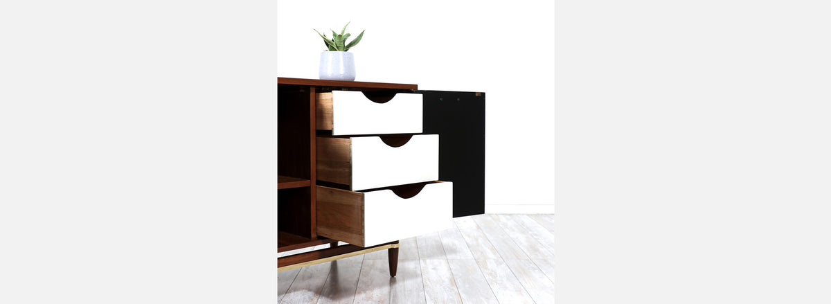 Merton Gershun Walnut Dresser with Lacquered Doors & Brass Accents