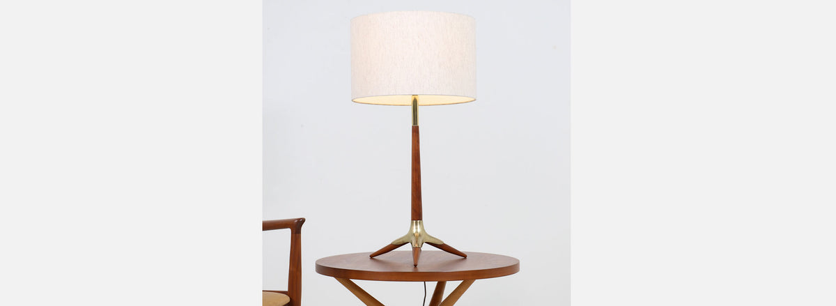 Mid-Century Sculpted Walnut & Brass Tripod Table Lamp by Modeline 
