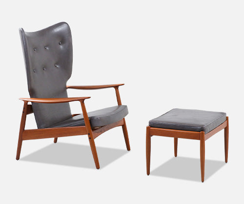 K. Rasmussen Leather & Teak Wingback Lounge Chair with Ottoman 