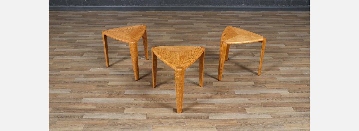 Mid-Century Modern Triangular Oak Tri-Leg Side Tables