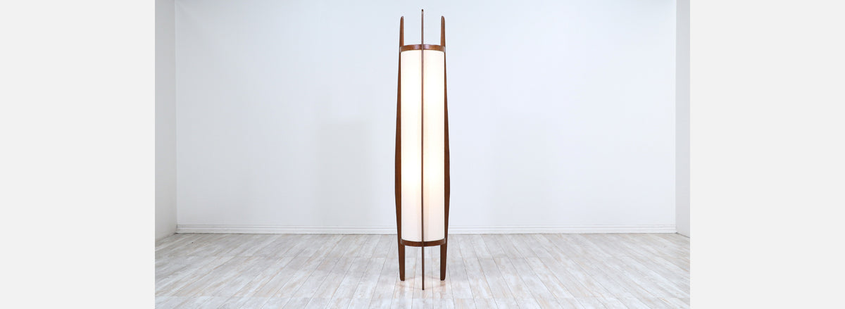 California Modern Sculpted Walnut Floor Lamp with New Linen Shade by Modeline