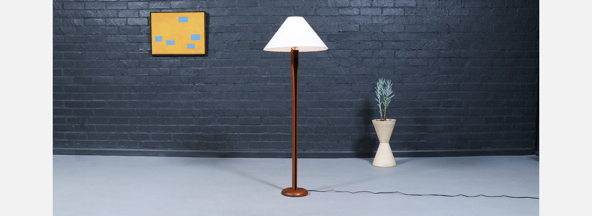 Danish Modern Sculpted Teak Floor Lamp w/ Linen Cone Shade