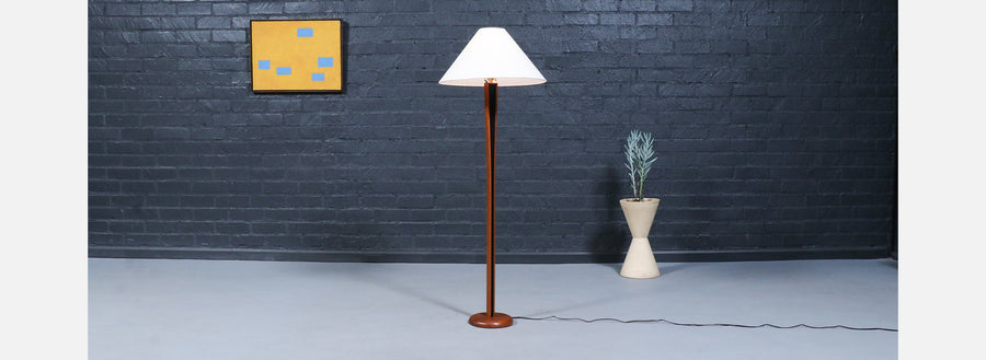 Danish Modern Sculpted Teak Floor Lamp w/ Linen Cone Shade